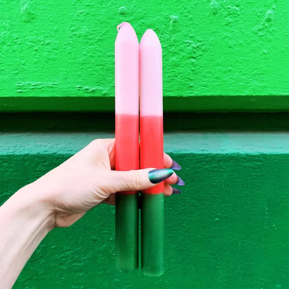 Set of 2 Pink Red Green Tapered Candle | Aesthetic Unscented Candle Sticks Holi